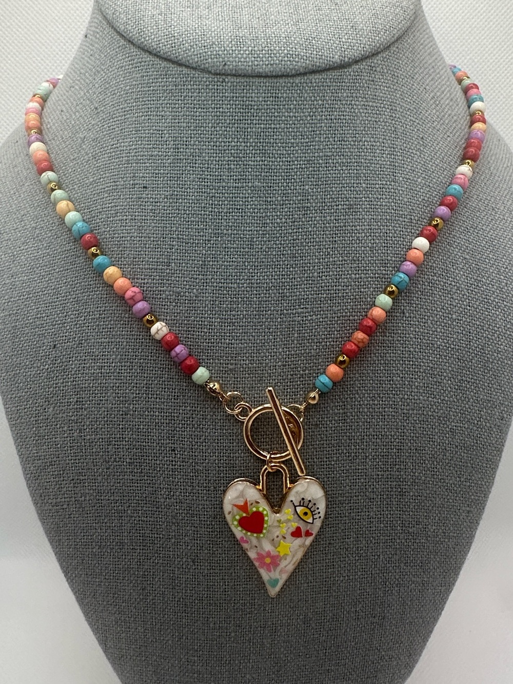 Multicolor Beaded Heart Pendant Necklace